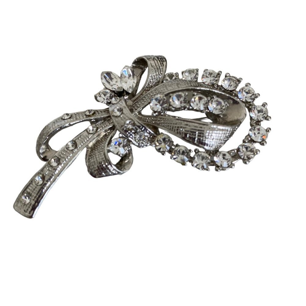 Deco Style Silver Tone Spray Rhinestone Ribbon Bow Brooch Pin